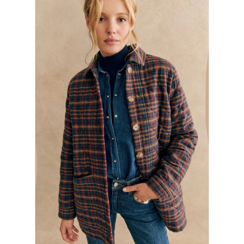 Sézane Will Jacket in Ivan Burgundy Tartan Large